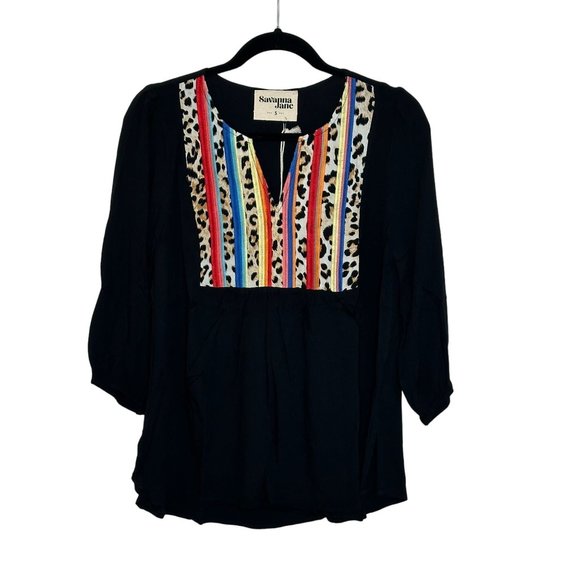 Savanna Jane Popover Blouse S Black Multicolor Stripe Animal Print‎ Summer NEW - Picture 1 of 6